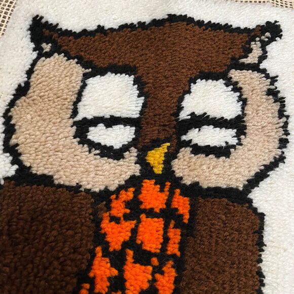 Vintage 70s Sleeping Owl Latch Hook Rug Wall Hanging - Picture 2 of 10